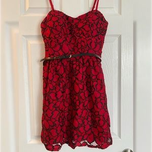 Red and black lace dress with belt. Says large but more medium